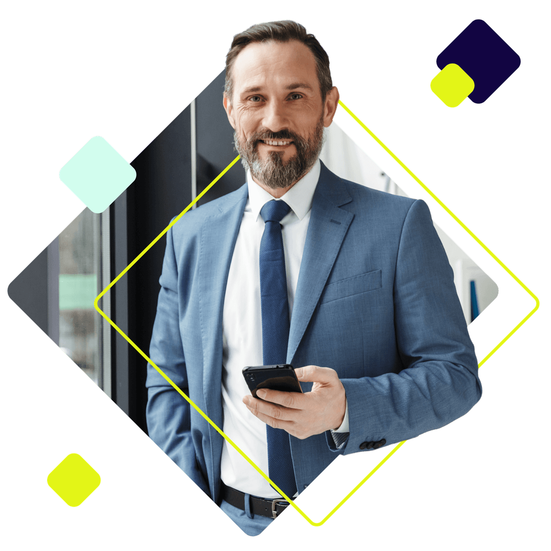 Business-Mann im blauen Anzug, mit Handy in der Hand