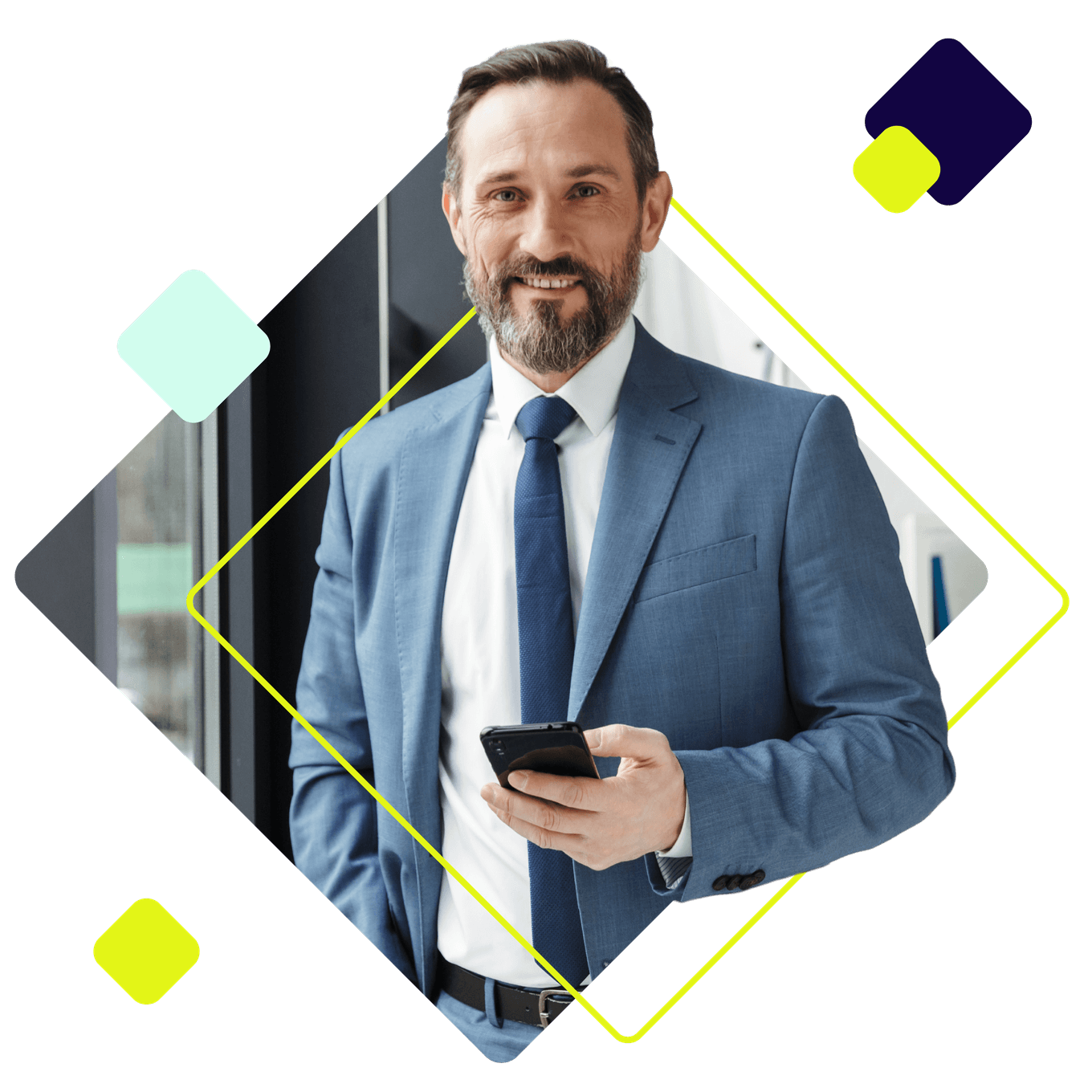 Business-Mann im blauen Anzug, mit Handy in der Hand