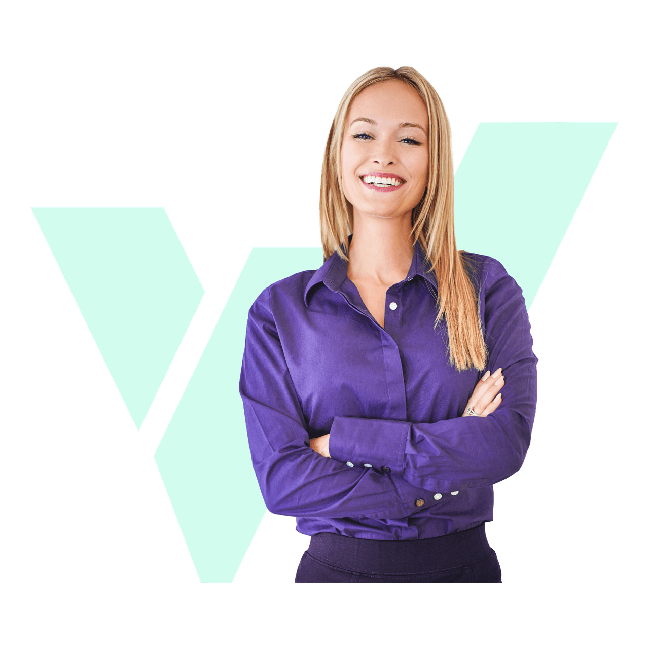 Lächelnde Frau mit langen blonden Haaren in violetter Bluse steht mit verschränkten Armen, im Hintergrund ein mintfarbenes W-Grafikelement.