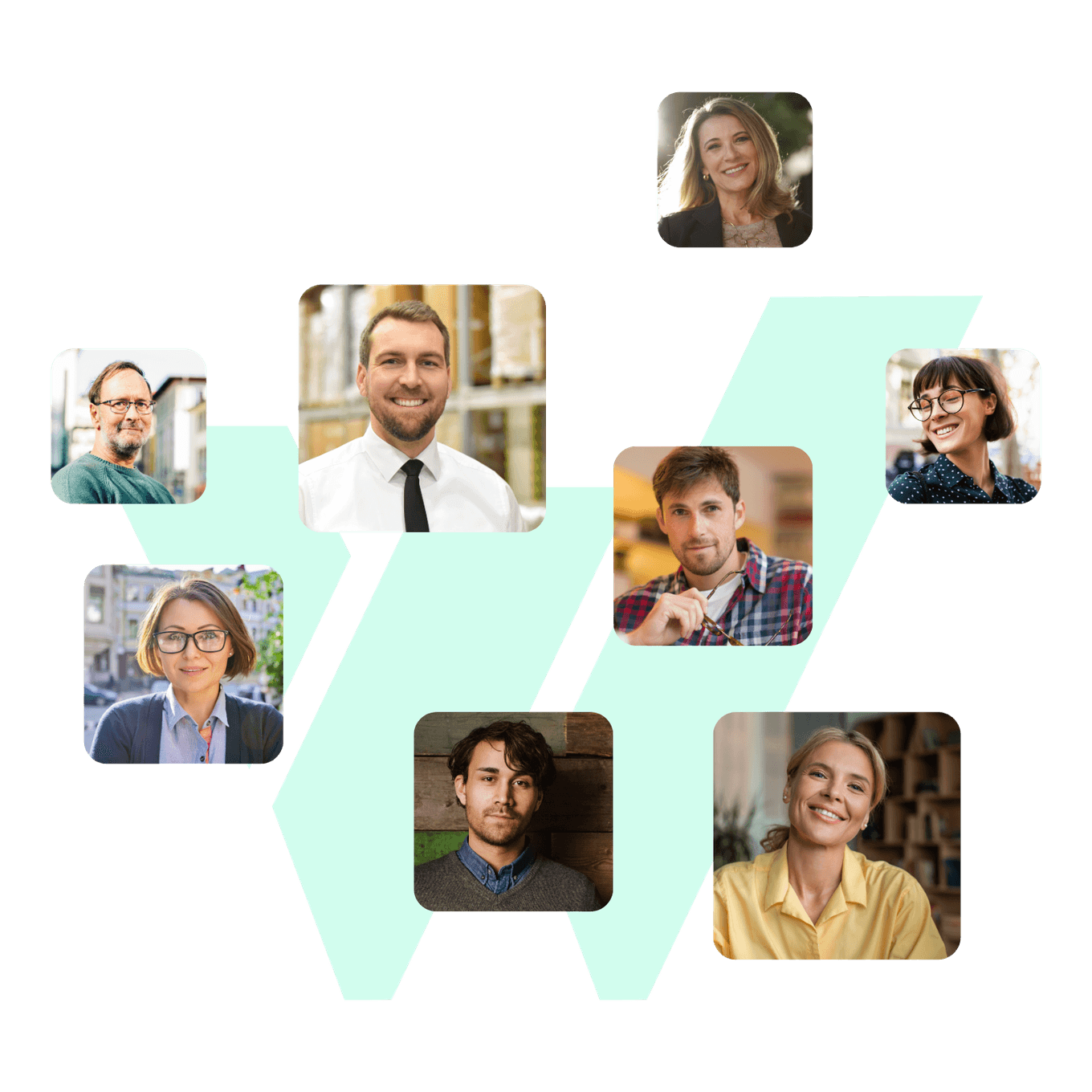 Collage aus acht einzelnen Porträtfotos verschiedener lächelnder Personen, versetzt angeordnet vor einem mintfarbenen W-Grafikelement.